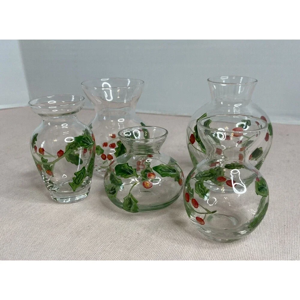 HAND PAINTED GLASS , CLEAR MINI VASES. 5 ITEMS IN THE SET.  VINES & BERRIES.
